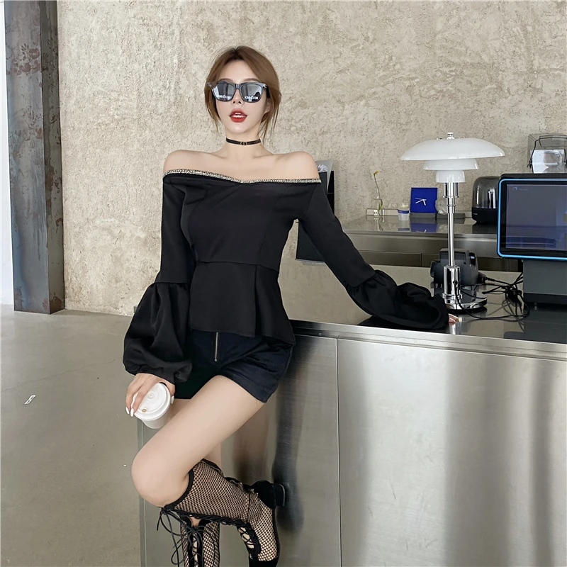 

Top Women's Korean-Style Slim Fit Slimming off-Shoulder Shirt Design Long Sleeve Elegant Shoulder-Baring Western Style Sexy