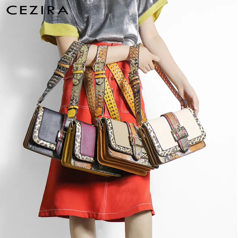 

CEZIRA Luxury Snake Pattern Patchwork Women Shoulder Bag Fashion Leopard Buckle Flap Crossbody Handbags Female Wide Strap Purse