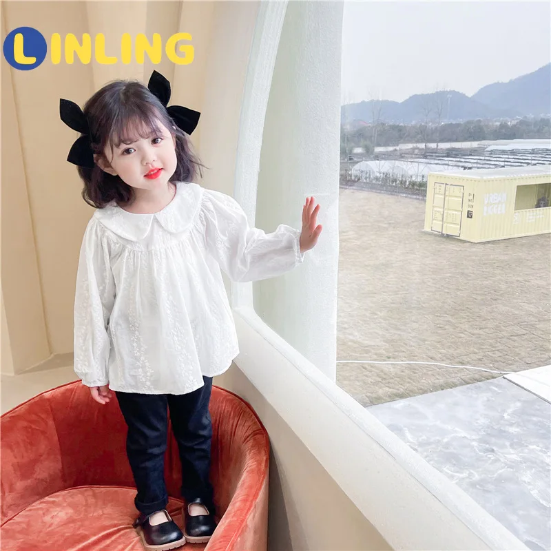 

LINLING 2021 New Kids Casual Clothes Cotton Long Sleeve Baby Girl Shirt Embroidered White Fashion Shirts for Teenage Girls P814
