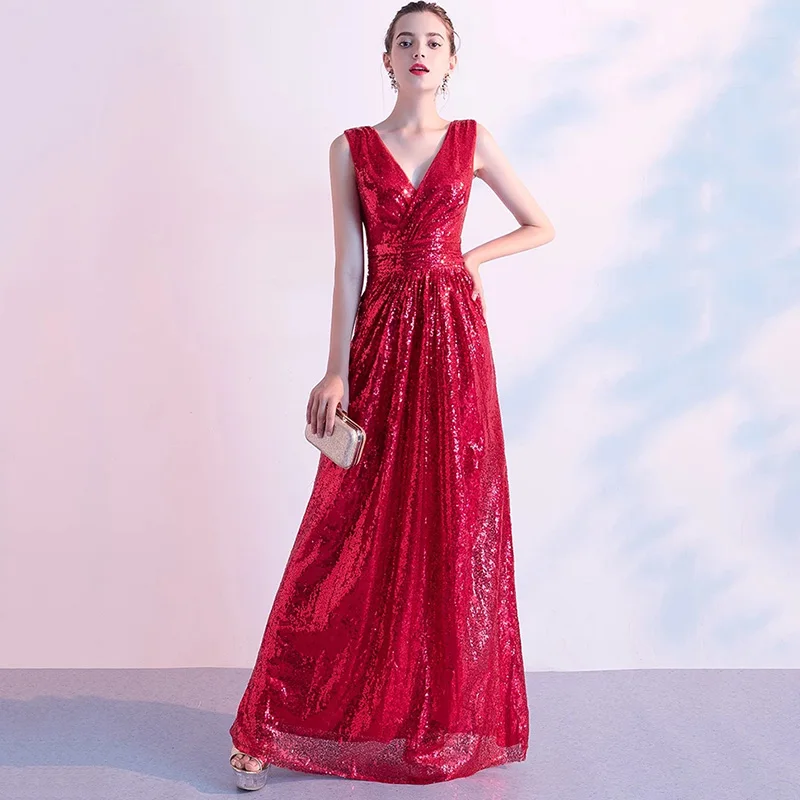 AE769 красные золотые черные вечерние платья длинные с V образным вырезом блестящие