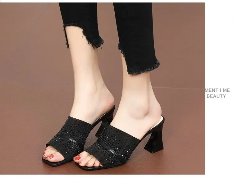 

Mesh Rhinestone Open Toe High Heel Sandals Women's Flip-Flops New Outdoor Chunky Heel Mid Heel Slippers Women's Summer