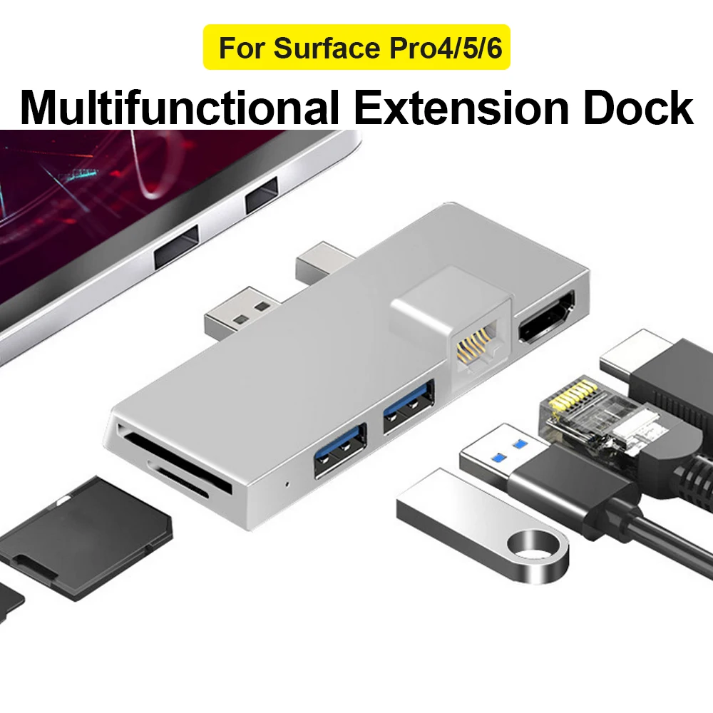 

USB Hub Gigabit Ethernet Adapter Mini Splitter Dual USB+TF/SD Docking Station Multi-function Converter for Surface Pro4/5/6