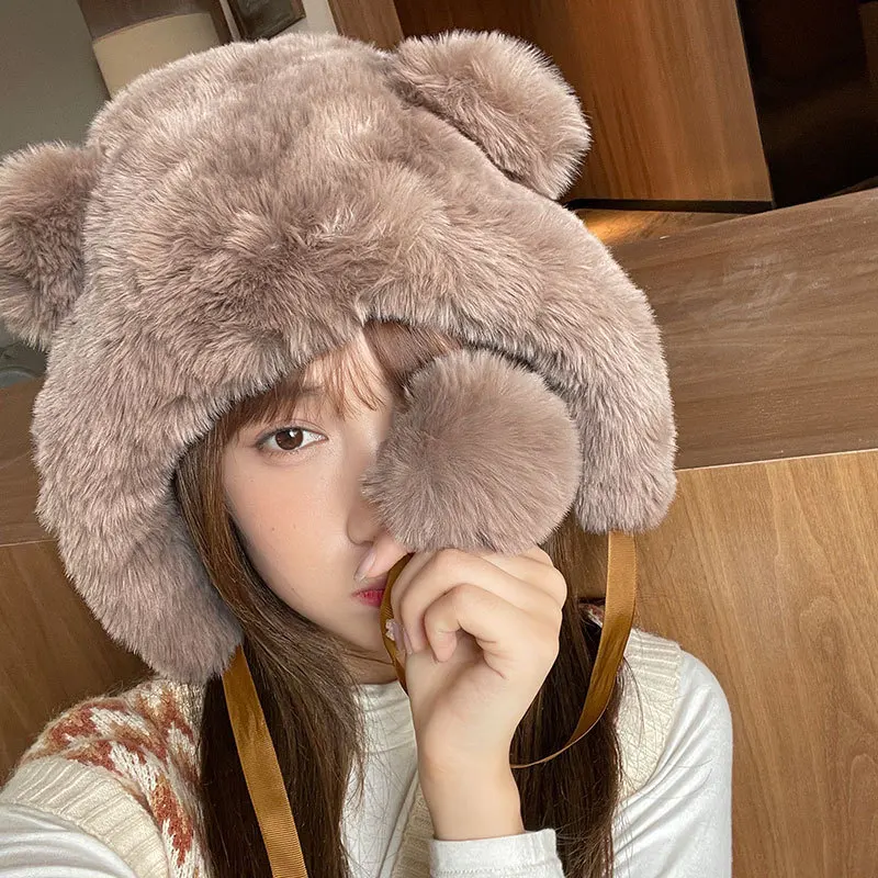 

The New 2021 Winter Warmth Thick Imitation Rabbit Wool Lei Feng Hat Cute Double Ball Bear Ears Windproof Earmuffs Plush Hat