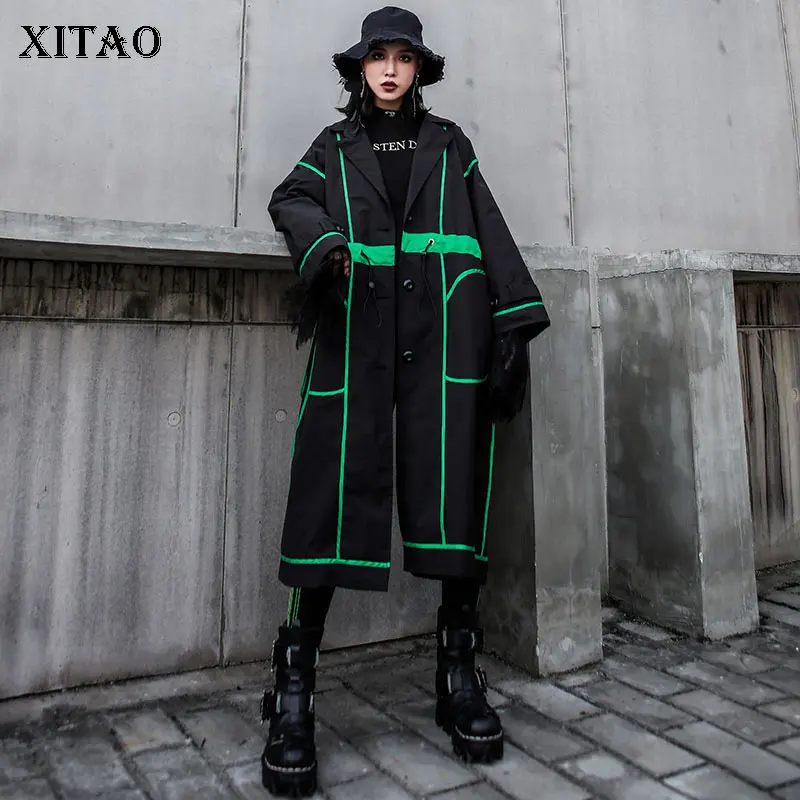 XITAO плюс размер длинный тренч для женщин Корея Мода элегантный один грудь широкий пояс карман лоскутное отложной воротник пальто GCC1722