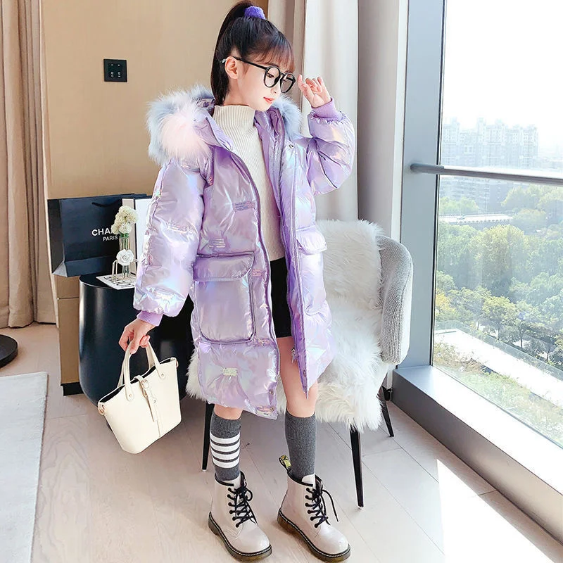 2022 Girls clothes clothing Winter Warm Hooded Jacket parka faux Fur Coat Children Thicken Bright Outwear Waterproof snowsuit | Детская
