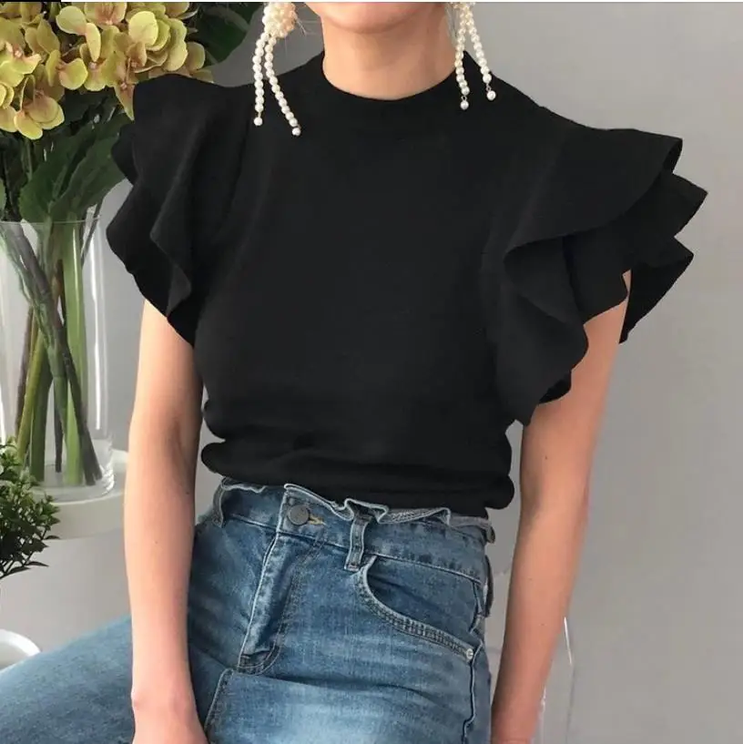 

Summer Autumn Knitted Tops Women Short Ruffle Sleeve Sweater 2021 Korean Femme Chic Jumper Pullover Clothing Outwear Tops
