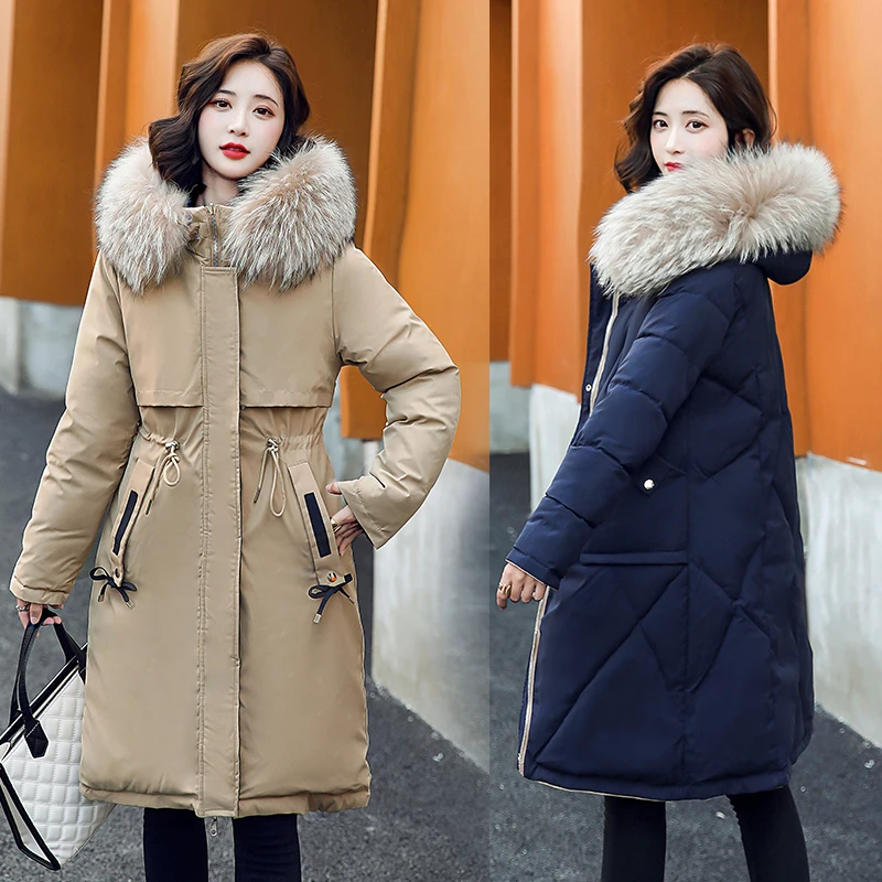 

Long Parkas Women Fur Collar Thicken Warm Ladies Cotton Padded Winter Jacket Pockets Long Sleeve Casual Female Outwear