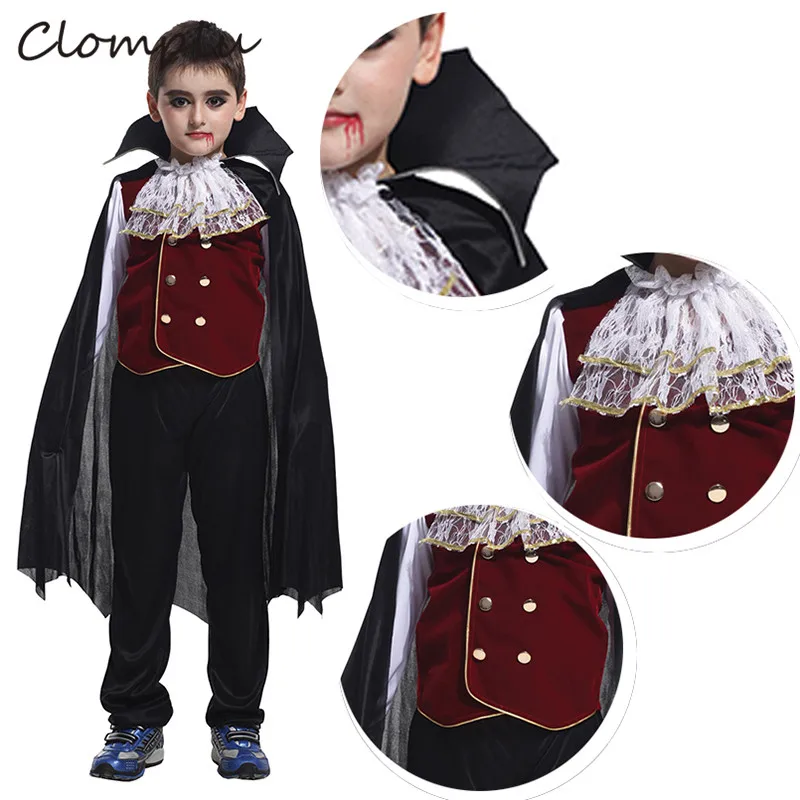 

Clomplu Plus Size Vampire Cosplay Halloween Costume For Kids Boys Cosplay Anime Kids Costume Black Tops Pants Cloak one Sets