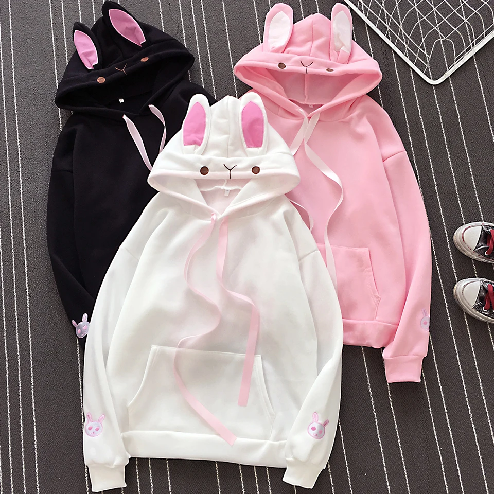 

2020 New Fashion Pullover Cute Rabbit Ears Hoodie Pocket Hoodie Ribbon Solid Color Hoodie Woman