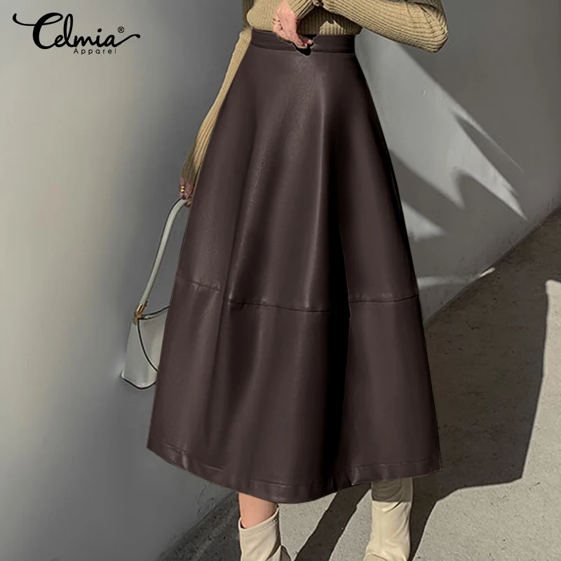 

Autumn PU Leather Long Skirts 2021 Fashion Women High Waist A-Line Midi Skirts Celmia Casual Solid Faldas Zipper Jupes Oversized