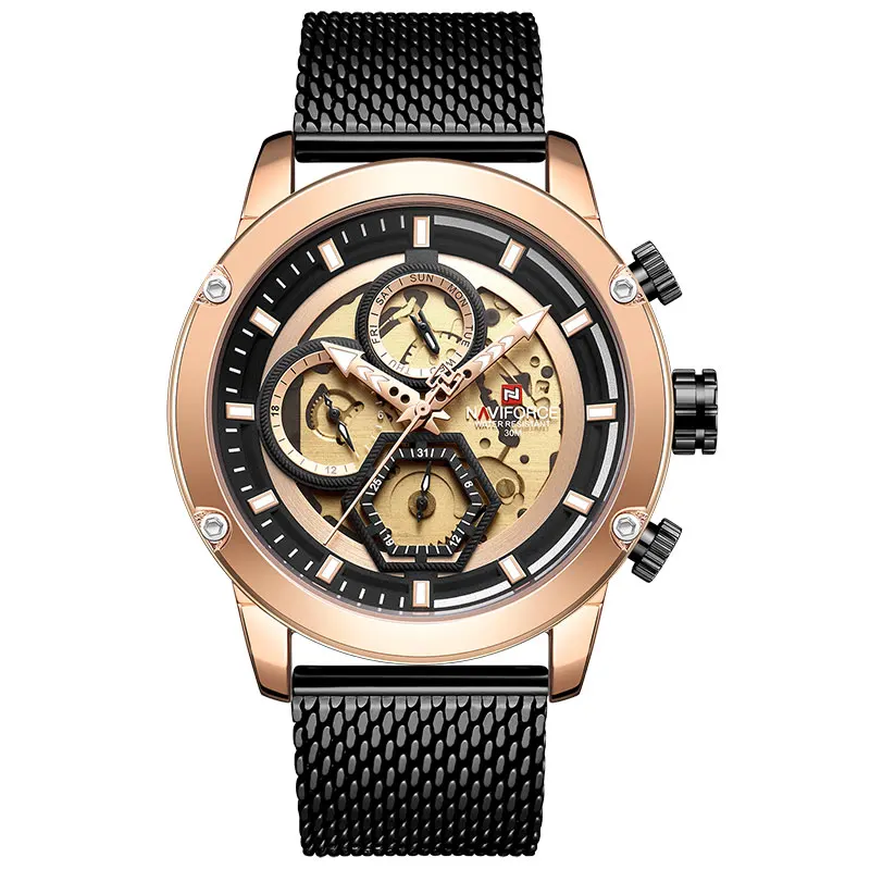 Rose Gold Black NAVIFORCE мужские s часы лучший бренд класса люкс кварцевые часы мужские кожаные водонепроницаемые наручные часы Мужские часы с календарем Relogio Masculino - Цвет: Rose Gold Black