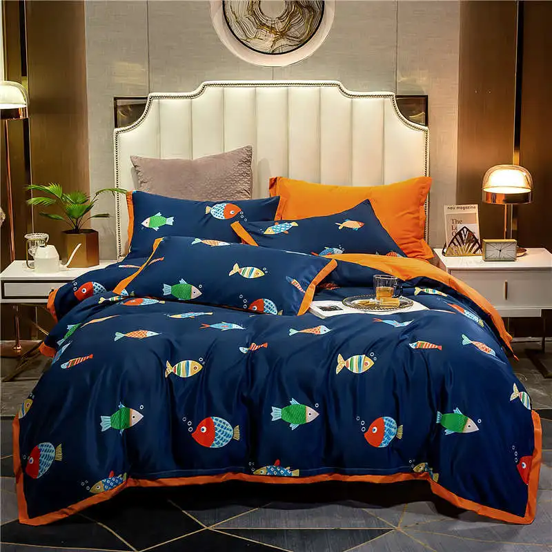 

Luxurious Flish Cotton and Silk Fabric Duvet Cover Set Flat Sheet Pillow Case 4PcQueen King Size Bedding Set