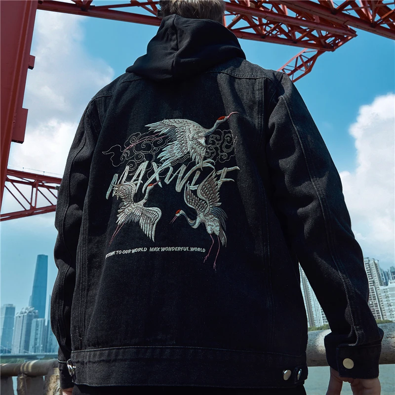 Джинсовая куртка с вышивкой журавля Мужская Уличная крутая джинсовая | одежда