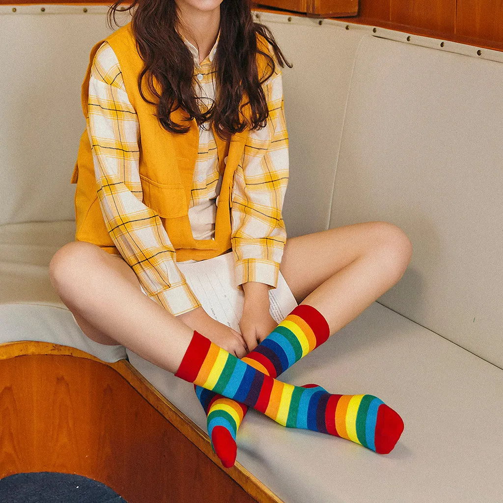 Хлопковые носки в радужную полоску Женские Теплые без пятки для девочек Модные