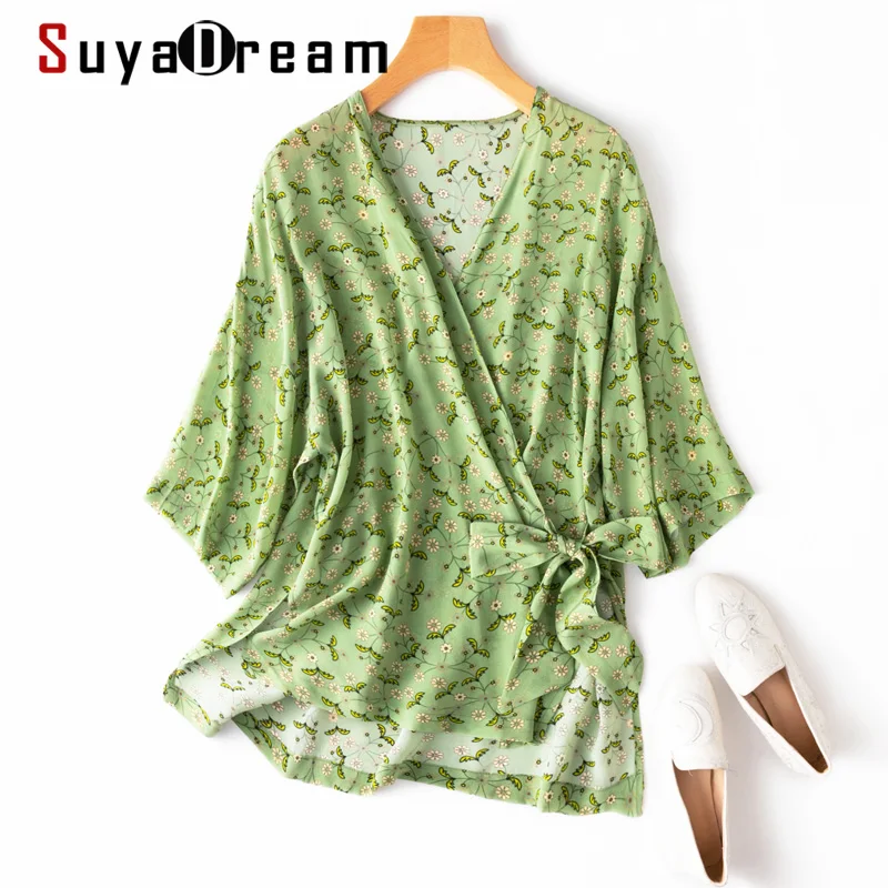 

SuyaDream Woman Floral Blouses 100%Silk Crpe Wraps Green Loose Blouse Shirts 2021 Spring Summer Kimono Blouse