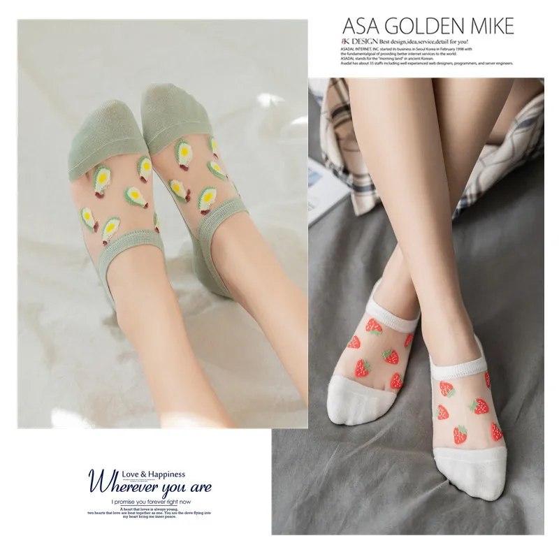 Летние Новые прозрачные женские носки с мультяшной вышивкой фруктов дышащие
