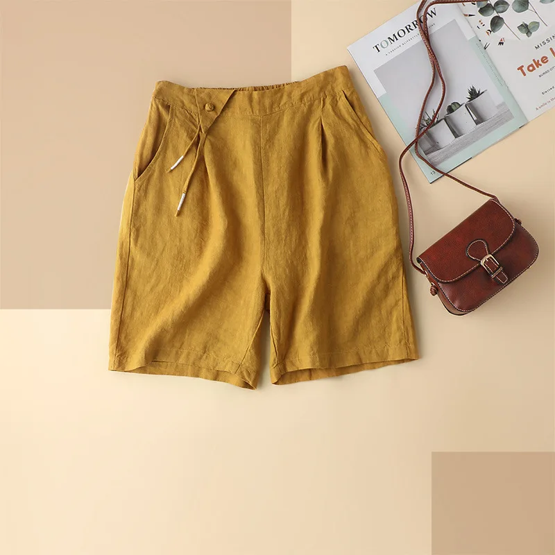 

SHUCHAN Trousers Women Pants for Women Knee Length Linen Summer Casual Elastic Waist Solid Pantalones De Mujer