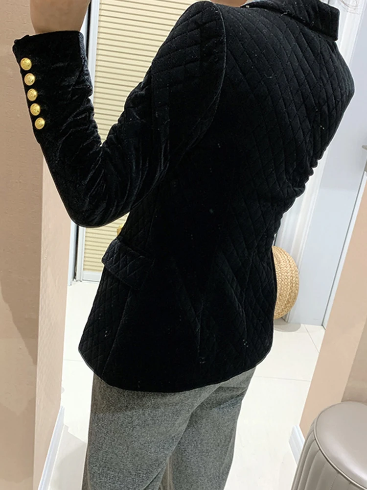 Черный двубортный бархатный пиджак в клетку со стразами стиле ретро