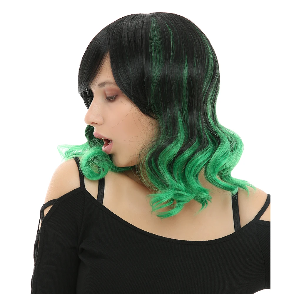 

WHIMSICAL W 12 inch Short Loose Wave Wigs Synthetic Wig For Women Mixed Black Green Naural Heat Resistant Hair