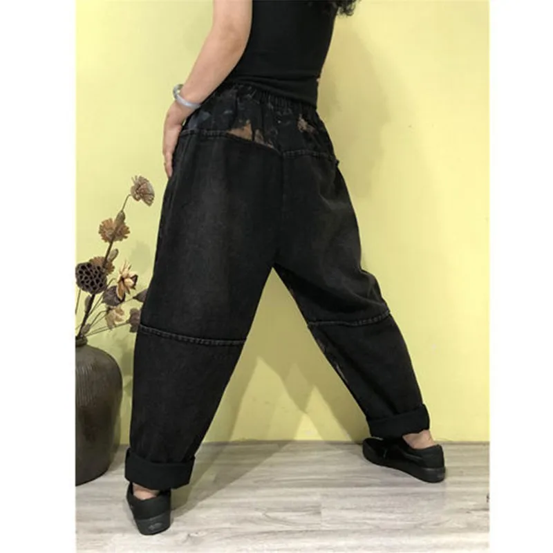 

Autumn Winter New Arts Style Plus Size Vintage Print Jeans Trousers Women Elastic Waist Casual Cotton Denim Harem Pants M510