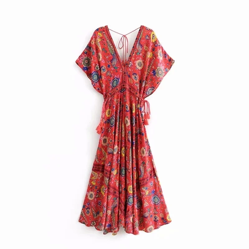 

2021 Summer women dress Vintage Chic peacock Floral print bat sleeve beach Bohemian maxi Robe Ladies V-neck Tassel Boho vestidos