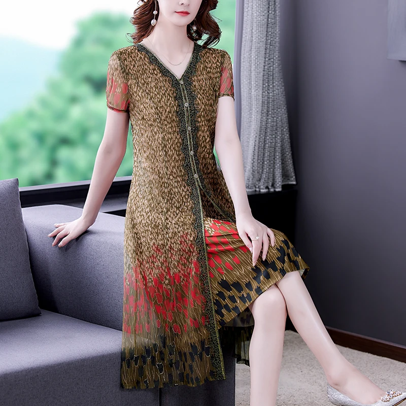 

Summer Beach Print Chiffon Fake Two Piece Midi Dress 2022 Casual Vintage 5XL Plus Size Dress Dress Elegant Women Party Vestidos