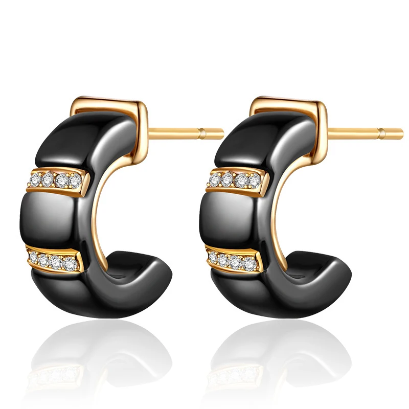 

C Shape Black White Ceramic Stud Earrings Gold Silver Color Zirconia CZ Small Earrings Women Fine Jewelry Charm Gifts for Girls