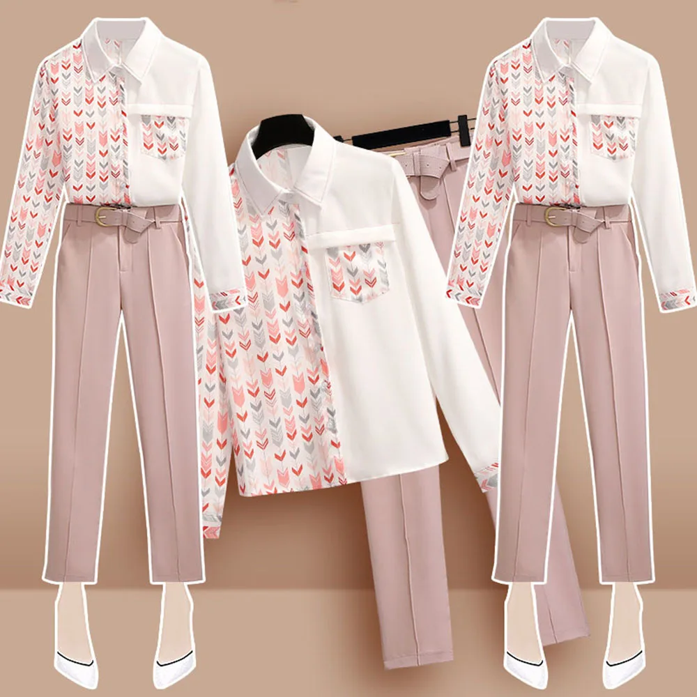 

Женский офисный комплект из двух предметов, рубашка с длинным рукавом и брюки с принтом, розовая одежда, весна-осень 2021