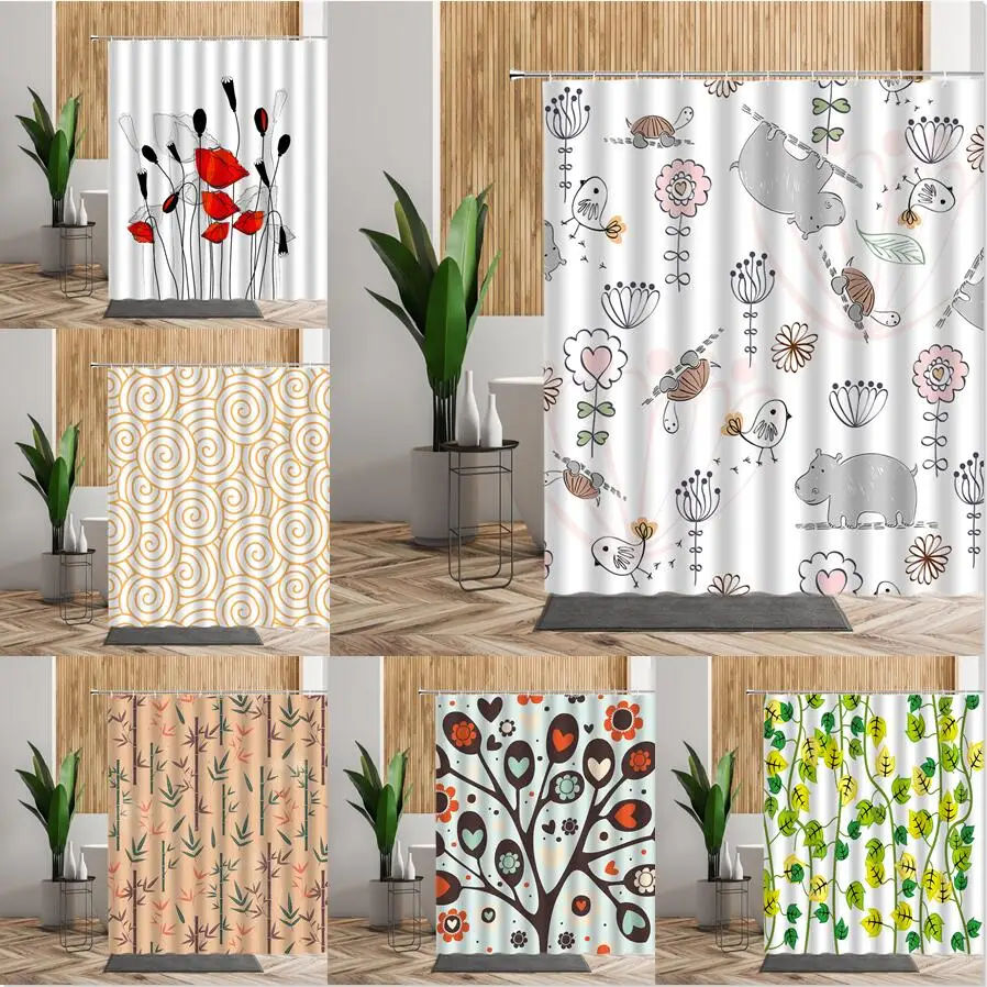 

Занавеска для душа с мультяшными животными, растениями, цветами, Бамбуковая ваза в скандинавском стиле, декоративные аксессуары для ванной ...