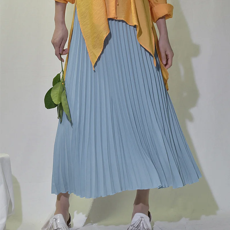 Light-Blue Qiuxuan, женские макси одноцветные юбки, Весенняя эластичная плиссированная юбка с высокой талией, юбка длиной до щиколотки, женские повседневные юбки, разные цвета - Цвет: Light-Blue