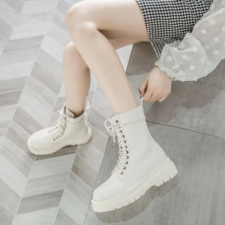High-top Martin Boots Female Korean Fashion Lace-up Handsome Motorcycle Boots Plus Velvet Boots Shoes Women  High Heel Boots