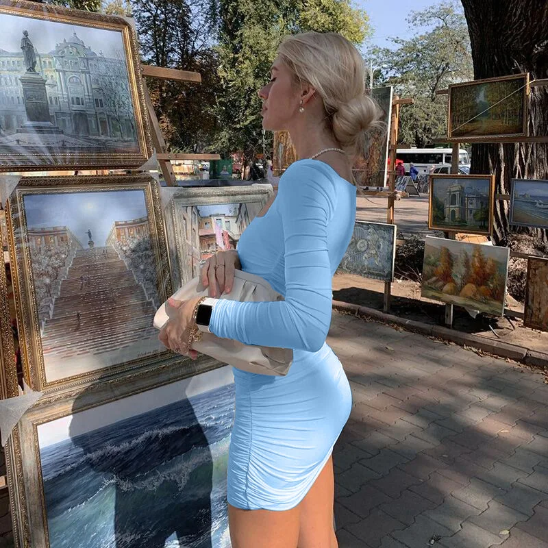 

2020 Autumn And Winter New Long-sleeved Slim Slimming Wrinkled Buttocks Solid Color Hedging Sexy Print Dress