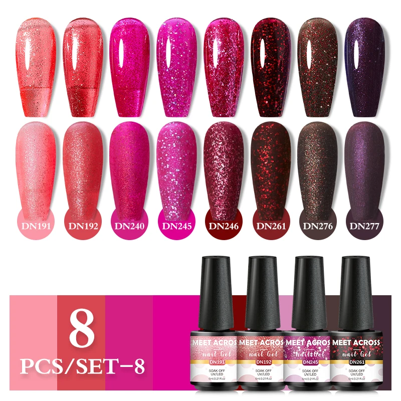 

MEET ACROSS 8/3Pcs Gel Nail Polish Set Glitter Semi Permanent Hybrid Varnish Soak Off UV LED Nail Art Gel Polish Manicure Nails