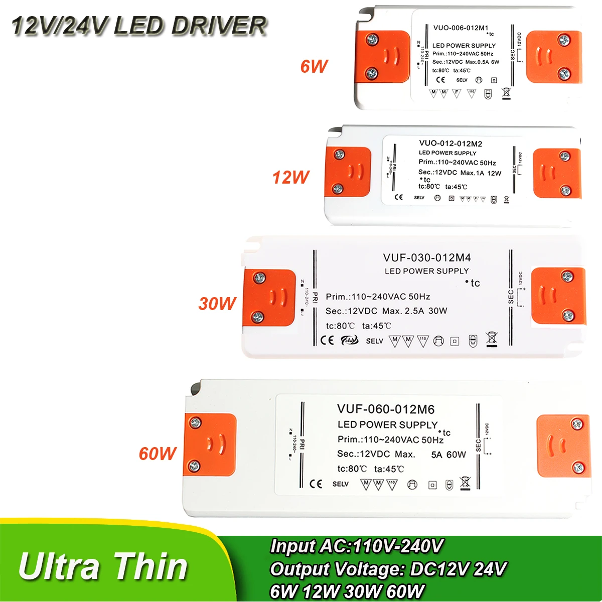 

Ultrathin 6W 12W 30W 60W 110V 220V 230V 240V to DC 12V 24V Led Transformer Power Supply LED Driver Ballast Adapter for lighting
