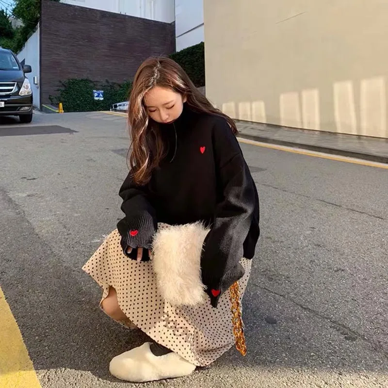 

Lucyever Autumn Cute Embroidery Heart Pullovers Women Thick Turtleneck Knitted Sweaters Woman Casual Batwing Sleeve Tops Mujer