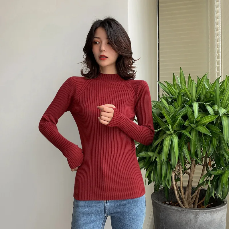 

Зимняя универсальная Базовая Трикотажная Женская водолазка с длинным рукавом однотонные простые тонкие свитера новые эластичные вязаные ...