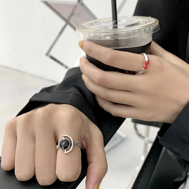 

S925 Sterling Silver New Trendy Adjustable Opening Ring Round Black Rhinestone Light Luxury Female Retro Jewelry