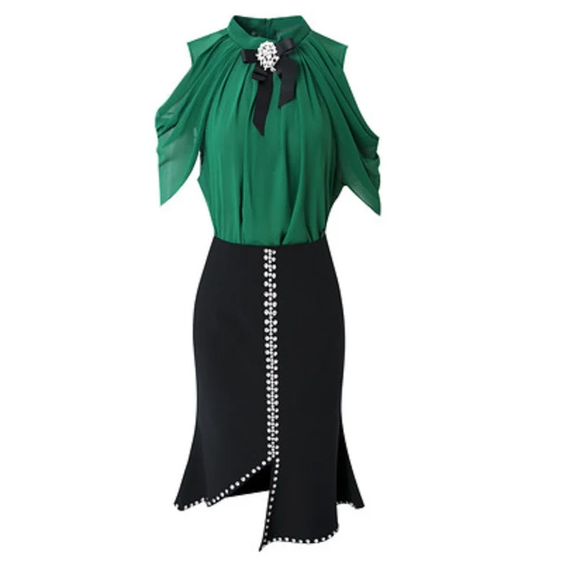 

2020 New Chiffon Patchwork Temperament Goddess Suit Print Summer Fashion Thin Off Shoulder Top Solid Fishtail Skirt Two Sets