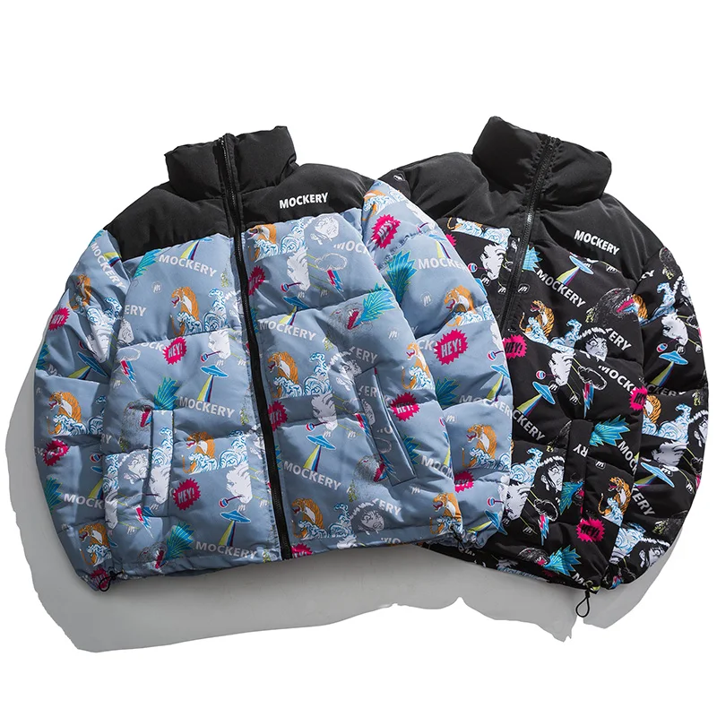 Aolamegs Winter Jacket Men Parkas Tiger Japanese Comics Anime Patchwork Hip Hop Fashion Thick Warm Zipper Coat Couple Streetwear