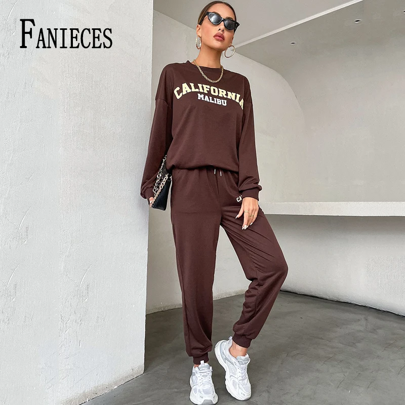 

FANIECES Tracksuit Set Women Spring Long Sleeve O Neck T Shirt And Pant Sportswear Ensemble Femme 2 pièces Letter Print Outfit