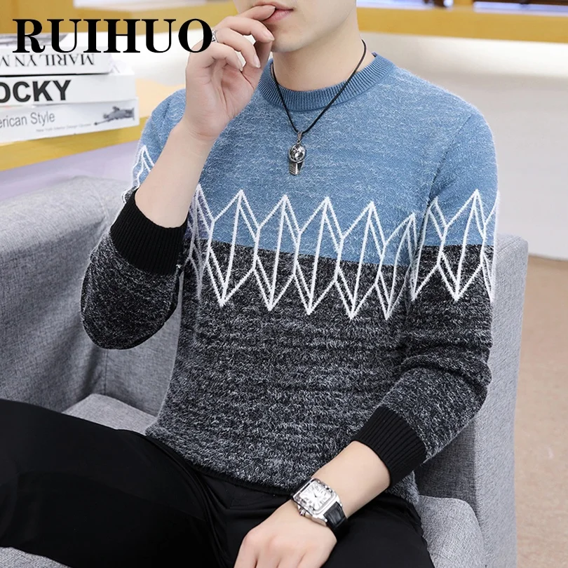 

RUIHUO Geometric Sweater Men Clothing Streetwear Korean Fashion Men Sweater Pull Harajuku 2XL 2021 Autumn Winter New Arrivals