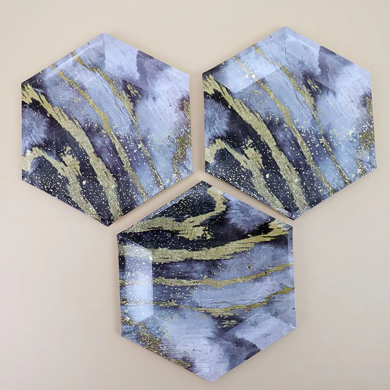 Позолоченная одноразовая посуда черная мраморная плитка свадебное украшение