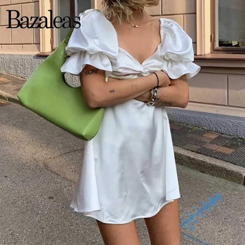 Женское атласное платье Bazaleas Palace винтажный буф белое с рукавом модное шелковое