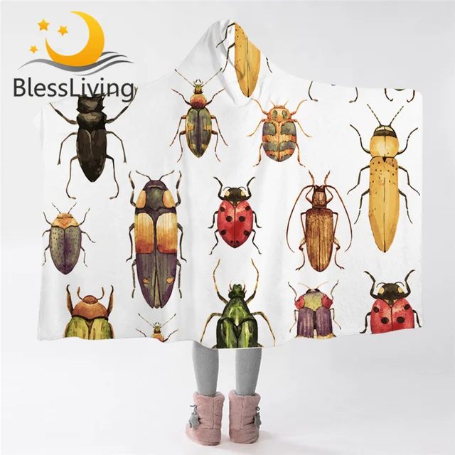 BlessLiving Insect Hooded Blanket Beetles Sherpa Fleece Blanket Watercolor Wearable Throw Blanket Colorful Hipster Bedding 1