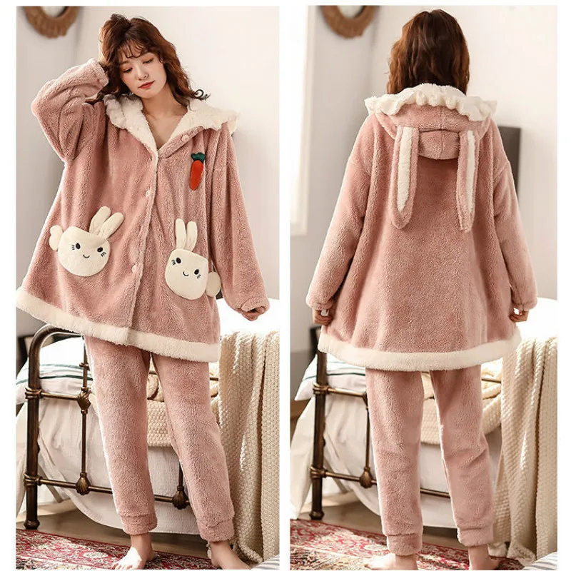 Coral Velvet Sleepwear Rabbit Ears Pajamas Women Autumn and Winter Furry Cute Plus Velvet Thickening Home Service Cute Pijamas