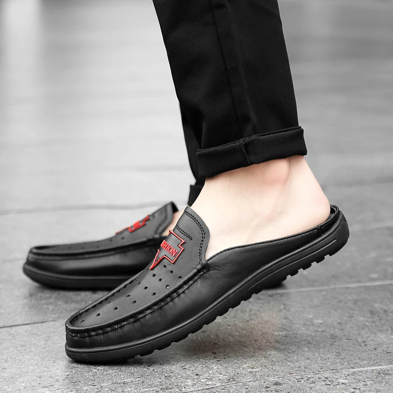 

Genuine Cow Leather Men Casual Shoes Luxury Brand Mens Loafers Half Drag Slippers Moccasins Breathable Black Driving Shoes