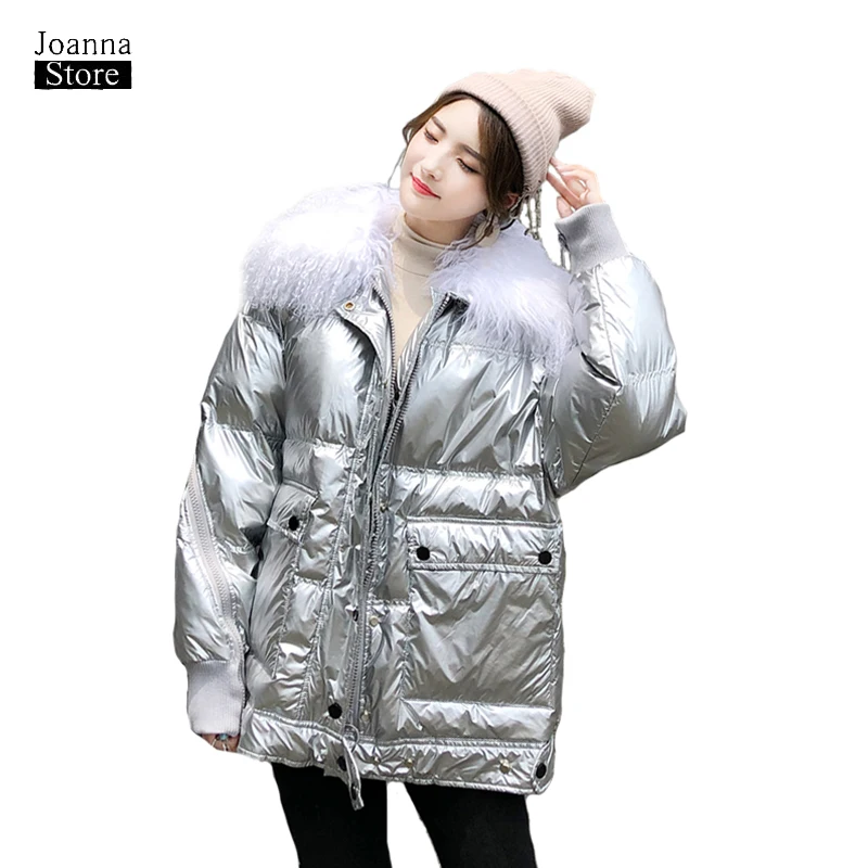 

Duck down jacket women winter plus size hooded coat raccoon fur collar womens jackets silver reflect coats streetwear new parka