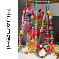 hz korean colorful transparent bead smiley face soft pottery flower chain mobile phone straps lanyard hanging cord accessories