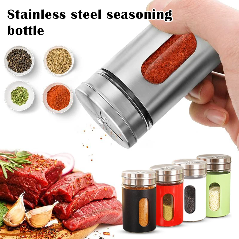 Stainless Steel Seasoning Jars Glass Spreading Bottle Barbecue Seasoning Pot Pepper Bottle Toothpick Holder Salt Shaker