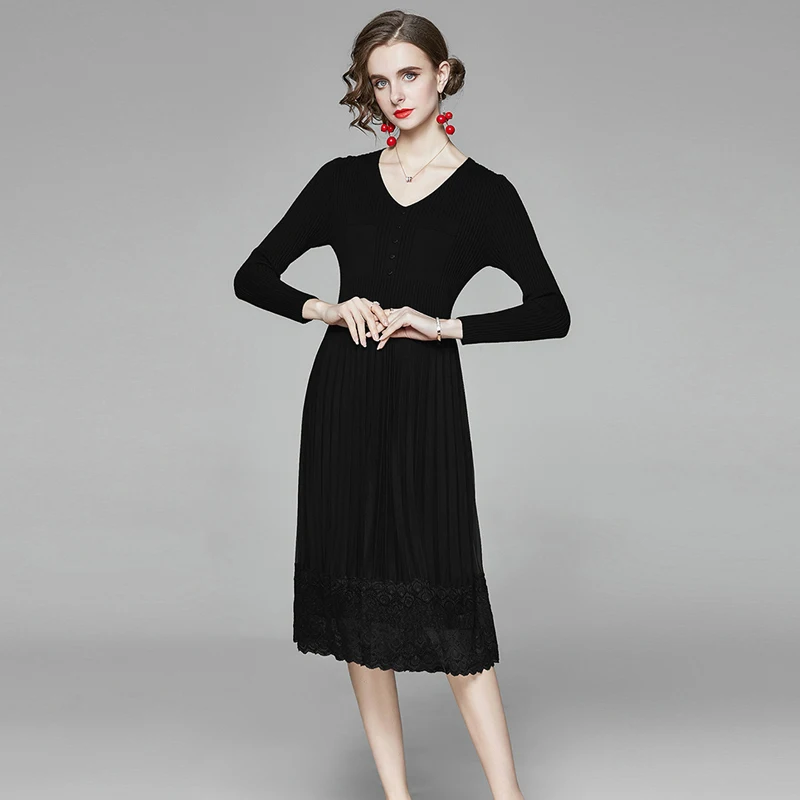 

Women Dresses Cotton Knitted Office Lady Lace A-Line Solid Dresses Mid-Calf Full Sleve Party Night Women Elegant Autumn Dresses